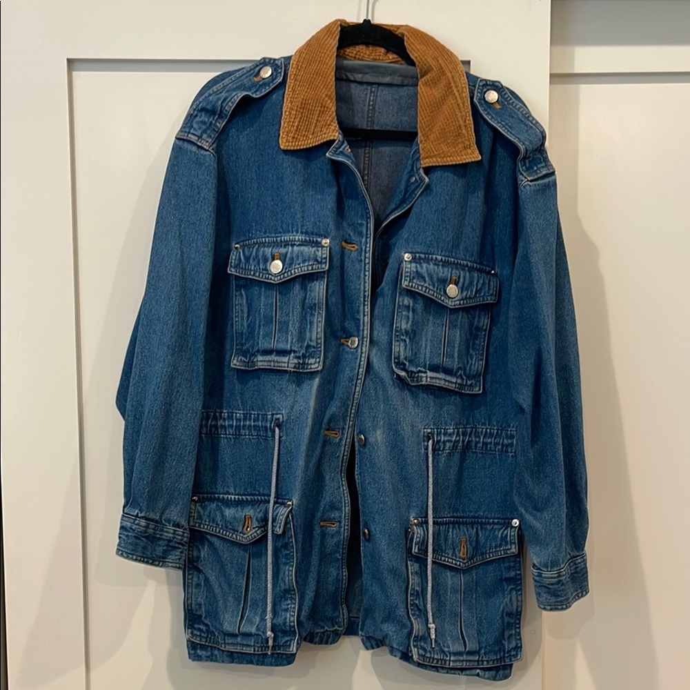 Vintage Denim Utility Jacket with Corduroy Collar and Waist Cinch Size 12